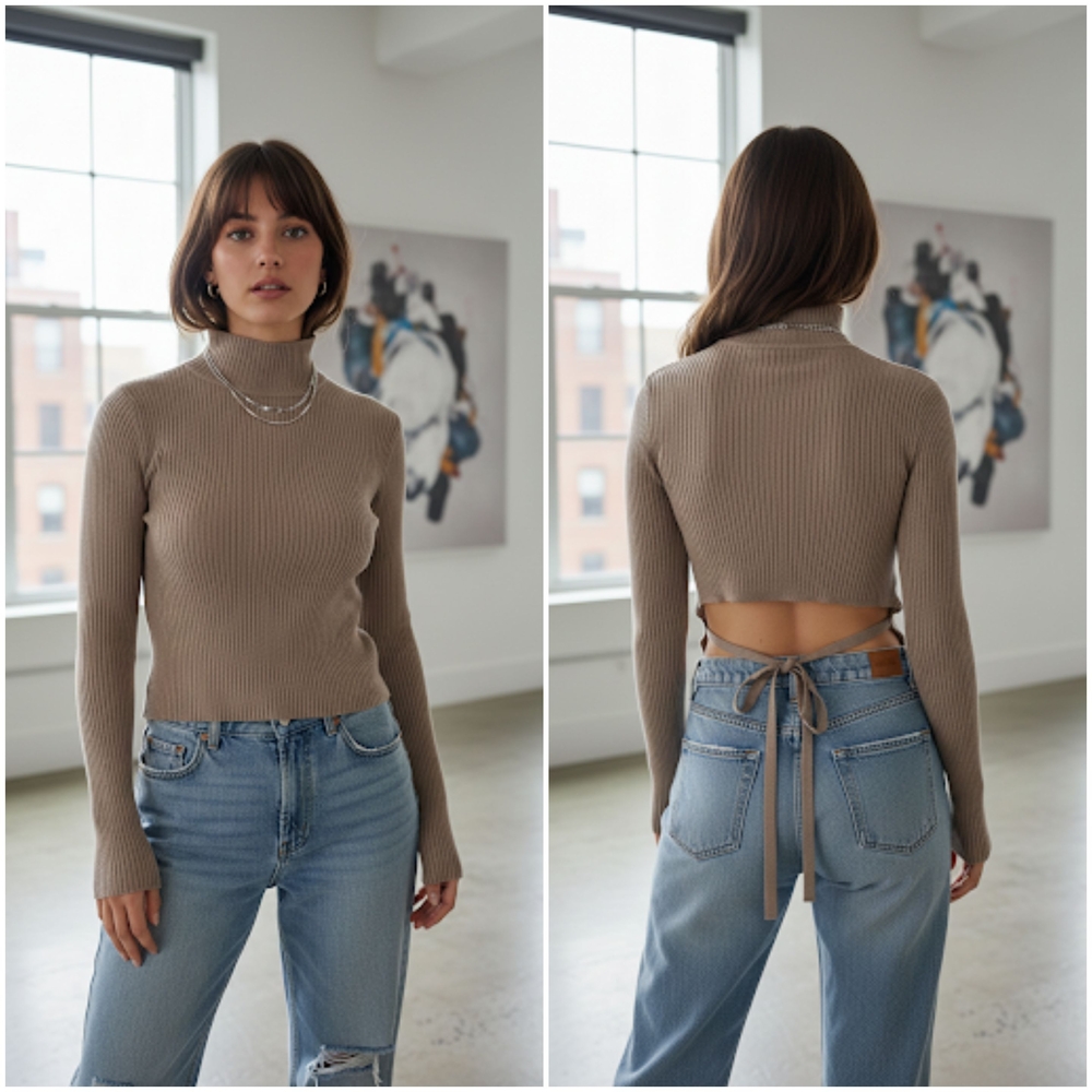 NWOT 🤎 BABATON 🤎 Charcoal GRAY Ribbed Sweater with CUTE BACK TIE Fitted Sz XS